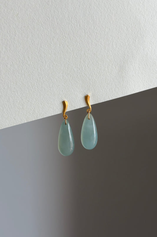 #E0305 "Water Drop" Icy Blue Green Jadeite Jade 18K Yellow Gold Earrings