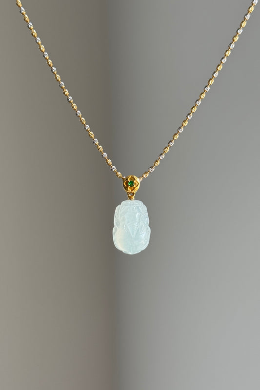 #P0549 "Pixiu" Highly Icy White Jadeite Jade 18K Yellow Gold Pendant