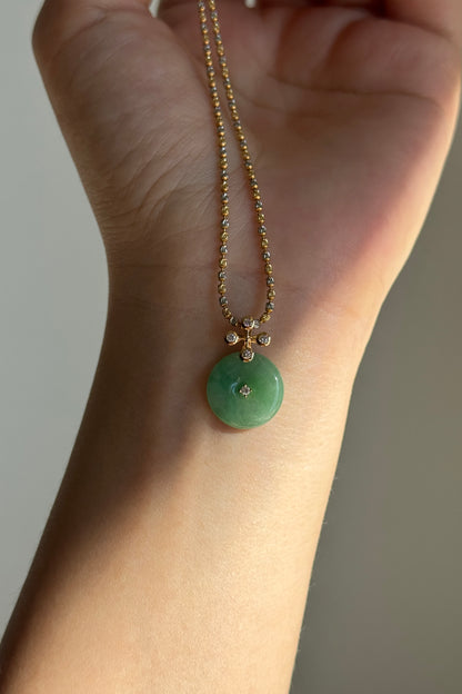 #P0570 "Blossom Bi" Icy Sun Green Jadeite Jade Donut 18K Yellow Gold Pendant