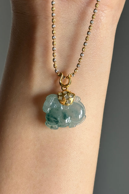 #P0505 "Tang Horse" Icy Blue Flower Jadeite Jade 18K Yellow Gold Pendant