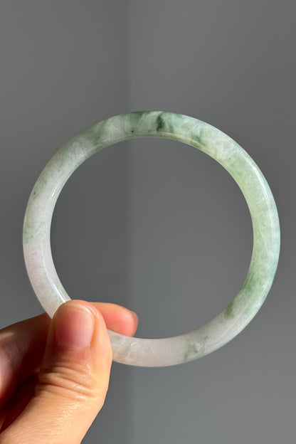 #0376 Icy Green Flower White Slim Jade Bangle Size 59.5 (fits up to 61.5)