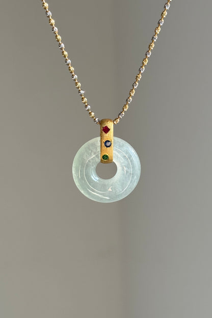 #P0491 "Bi" Highly Icy Light Green Jadeite Jade Donut 18K Yellow Gold Pendant