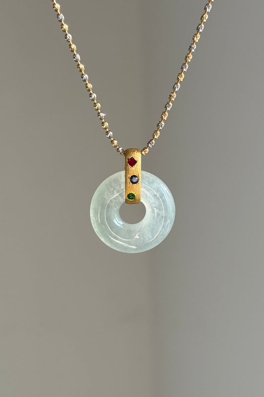 #P0491 "Bi" Highly Icy Light Green Jadeite Jade Donut 18K Yellow Gold Pendant