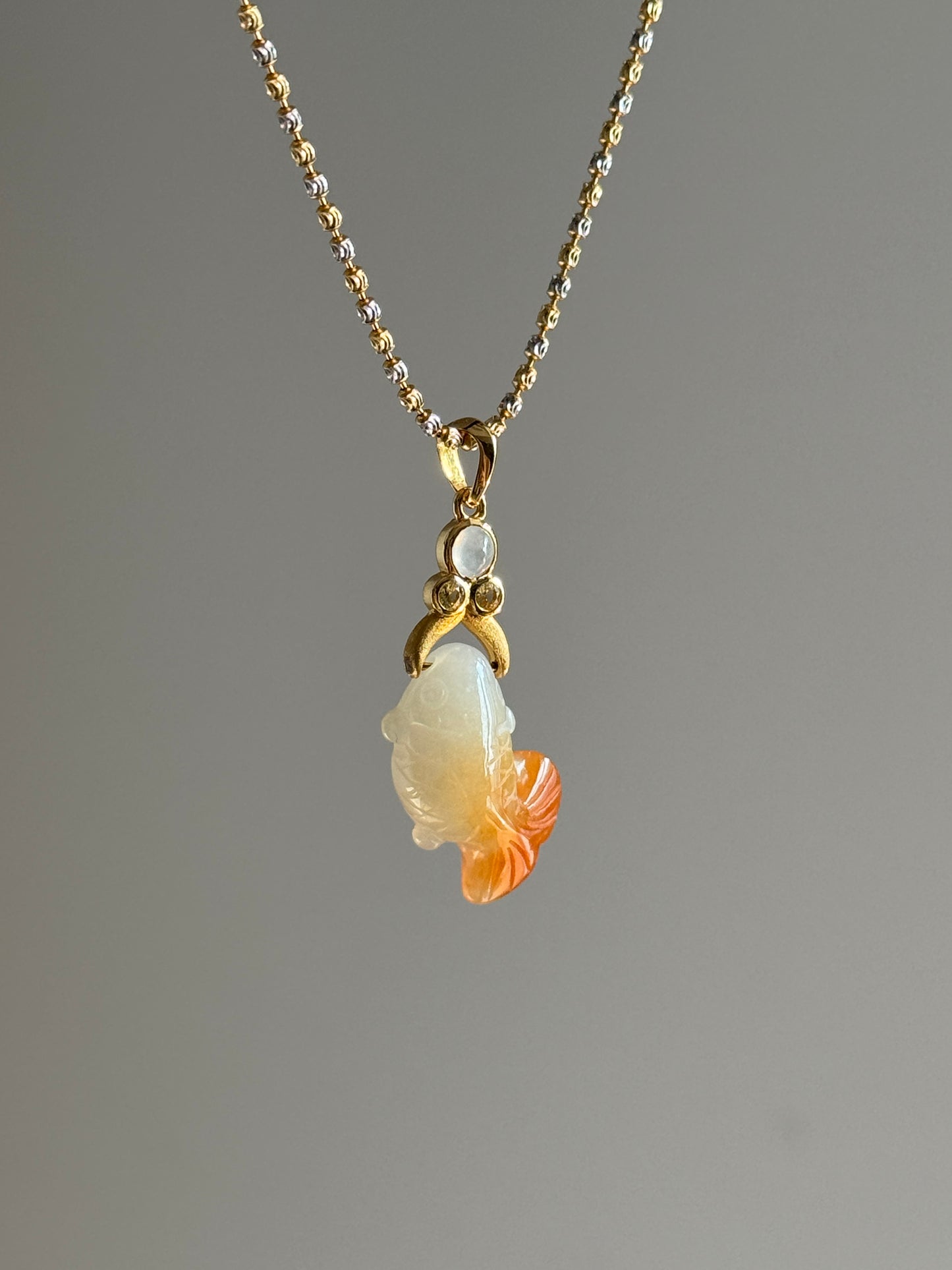 #P0548 "Goldfish" Icy Red Jadeite Jade 18K Yellow Gold Pendant