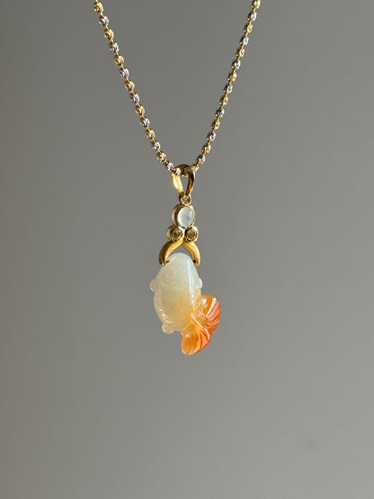 #P0548 "Goldfish" Icy Red Jadeite Jade 18K Yellow Gold Pendant