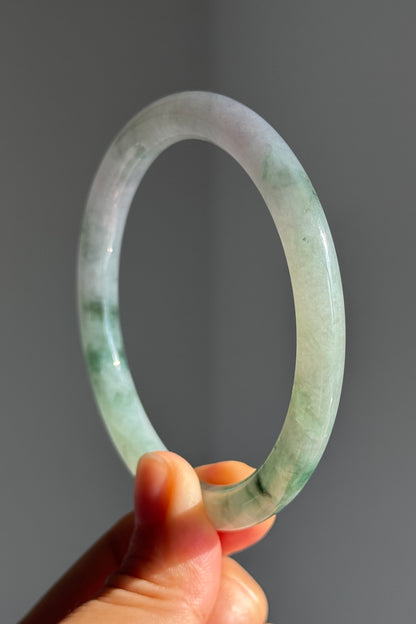 #0376 Icy Green Flower White Slim Jade Bangle Size 59.5 (fits up to 61.5)