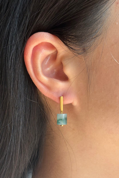 #E0303 Icy Bluish Green Flower Jadeite Jade Cylinder 18K Yellow Gold Earrings