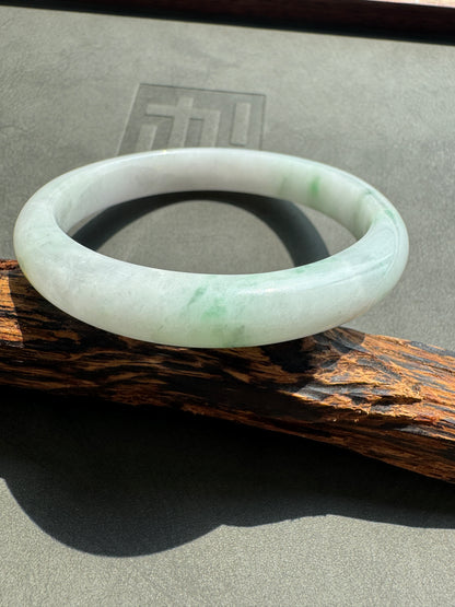 #0394 Green Flower White Jade Bangle Size 58