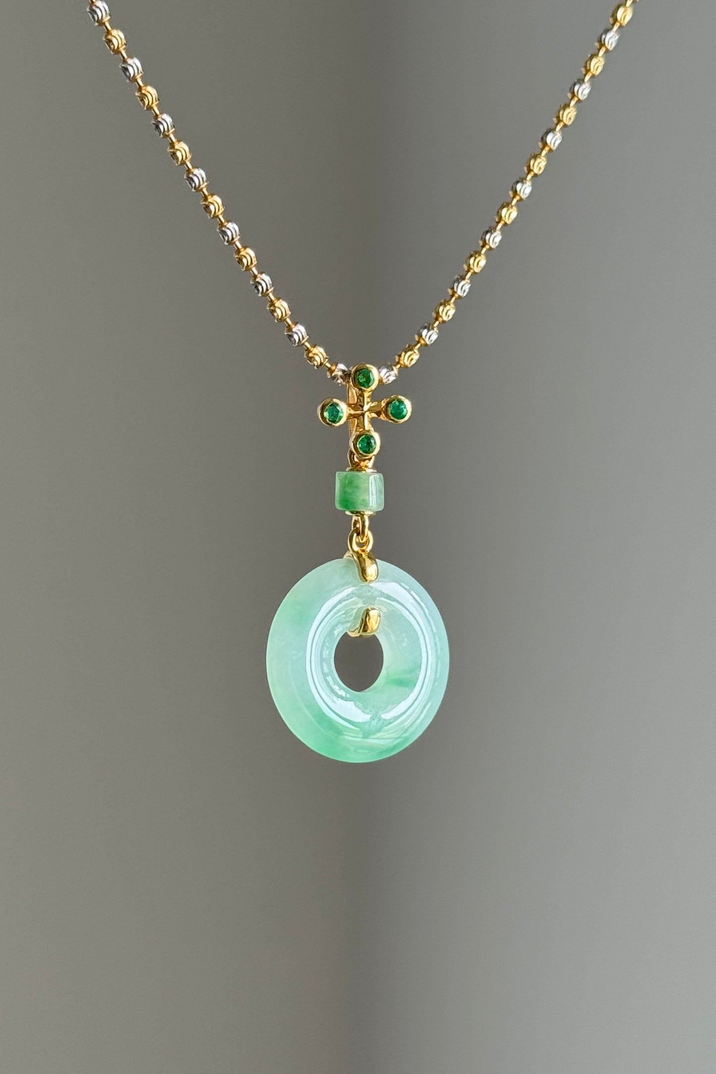 #P0541 "Bi" Icy Sun Green Jadeite Jade Donut 18K Yellow Gold Pendant
