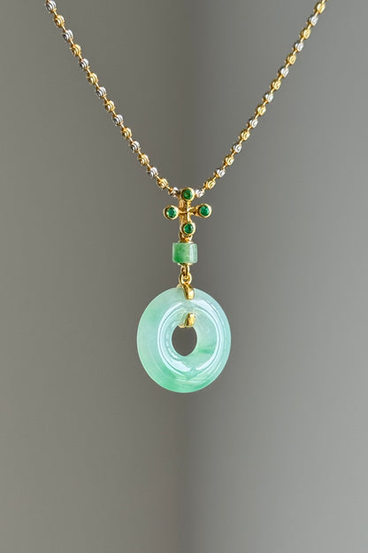 #P0541 "Bi" Icy Sun Green Jadeite Jade Donut 18K Yellow Gold Pendant