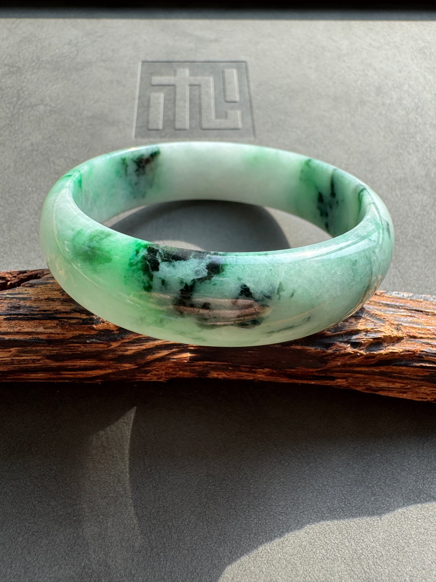 #0377 Sun Green Ink Flower Wide Jade Bangle Size 59.4