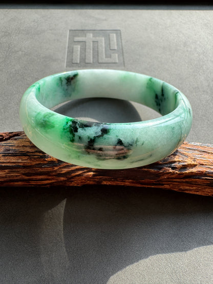 #0377 Sun Green Ink Flower Wide Jade Bangle Size 59.4