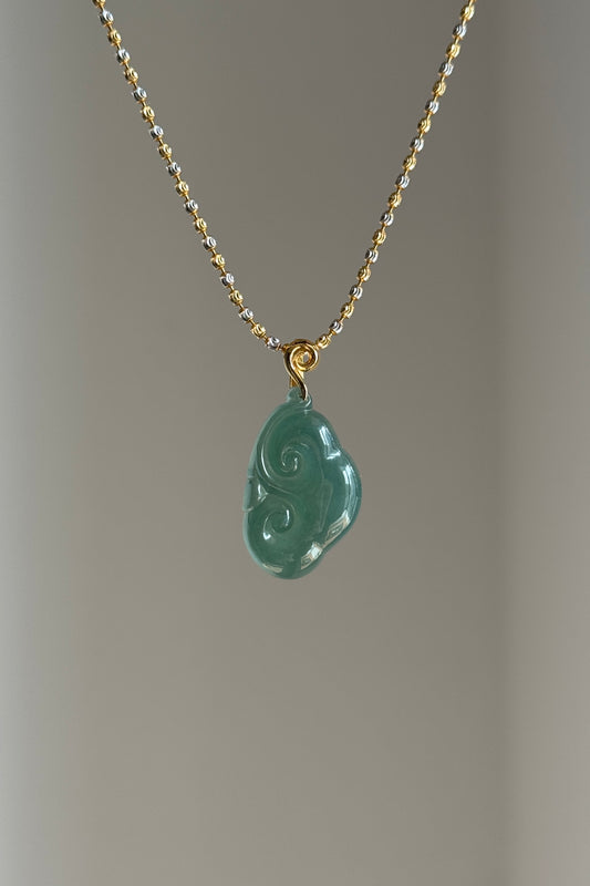 #P0527 "Ruyi / As Your Wish" Highly Icy Blue Water Rich Lake Green Jadeite Jade 18K Yellow Gold Pendant