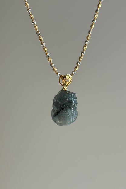 #P0528 "Pixiu" Icy Black & White Ink Wu Ji Jadeite Jade 18K Yellow Gold Pendant