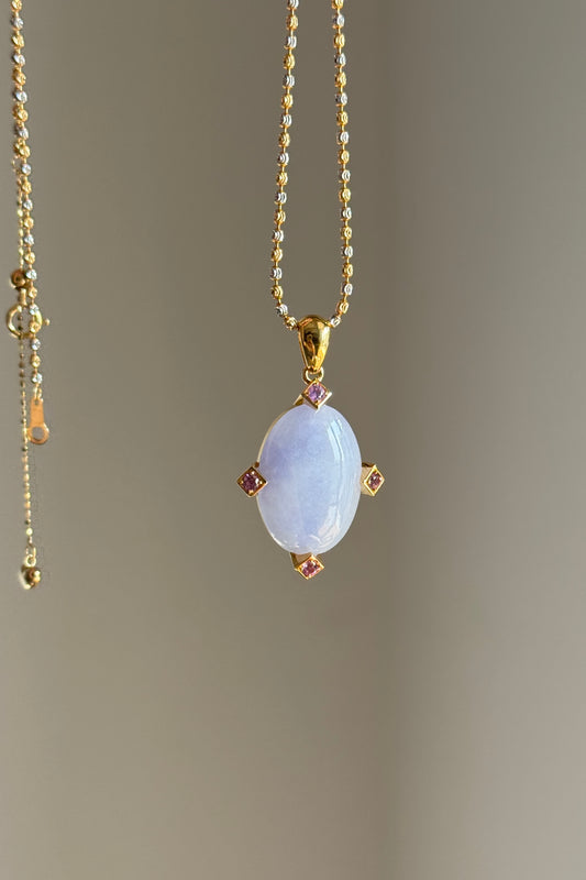 #P0536 Icy Vivid Lavender Jadeite Jade Cabochon 18K Yellow Gold Pendant