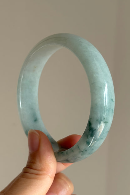 #0399 Icy Bluish Green Flower Jade Bangle Size 60.6