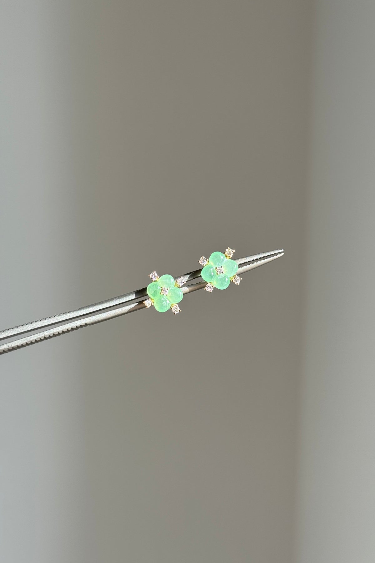 #E0306 "Blossom" Icy Green Jadeite Jade Diamonds 18K Yellow Gold Earrings