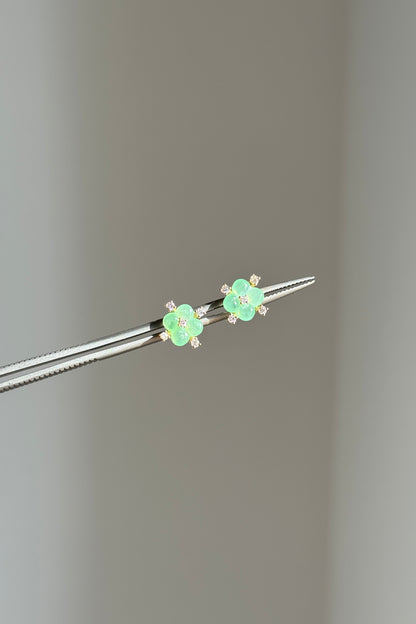 #E0306 "Blossom" Icy Green Jadeite Jade Diamonds 18K Yellow Gold Earrings