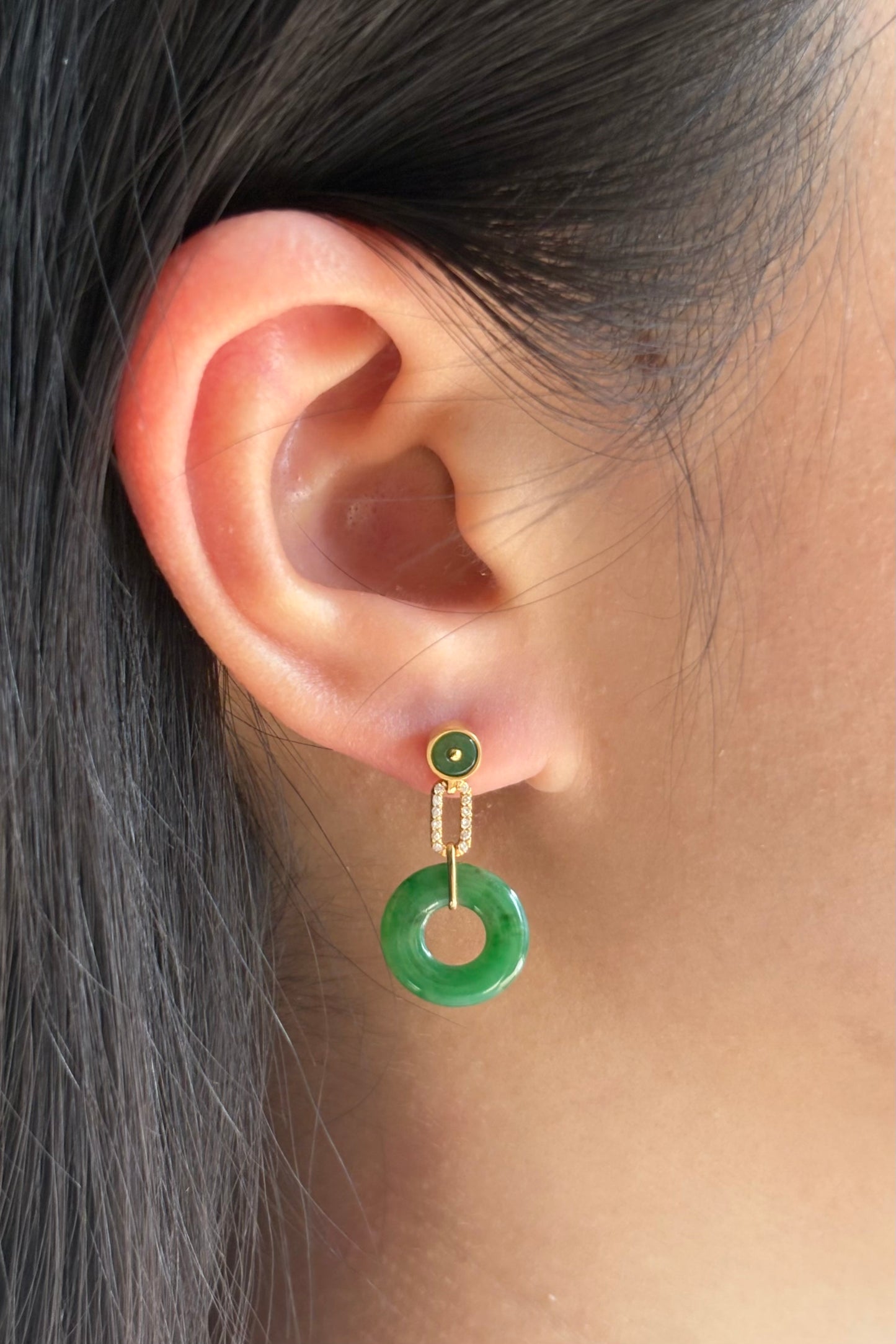 #E0302 "Bi" Icy Rich Vivid Green Jadeite Jade 18K Yellow Gold Earrings