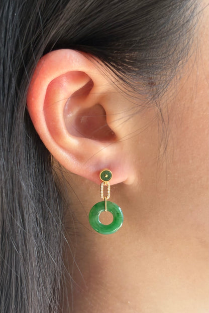 #E0302 "Bi" Icy Rich Vivid Green Jadeite Jade 18K Yellow Gold Earrings