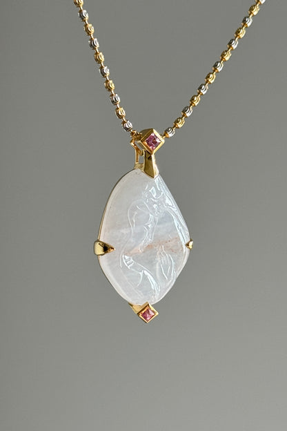 #P0556 "Guan Yin" Icy Light Pink Red White Jadeite Jade 18K Yellow Gold Pendant