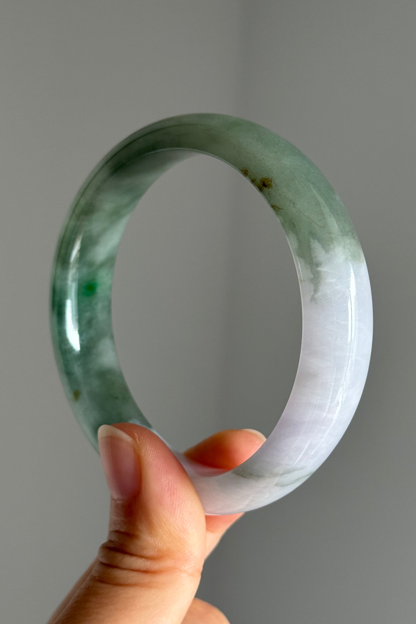#0397 Icy Sun Green Flower Olive Green Light Lavender White Jade Bangle Size 57.6