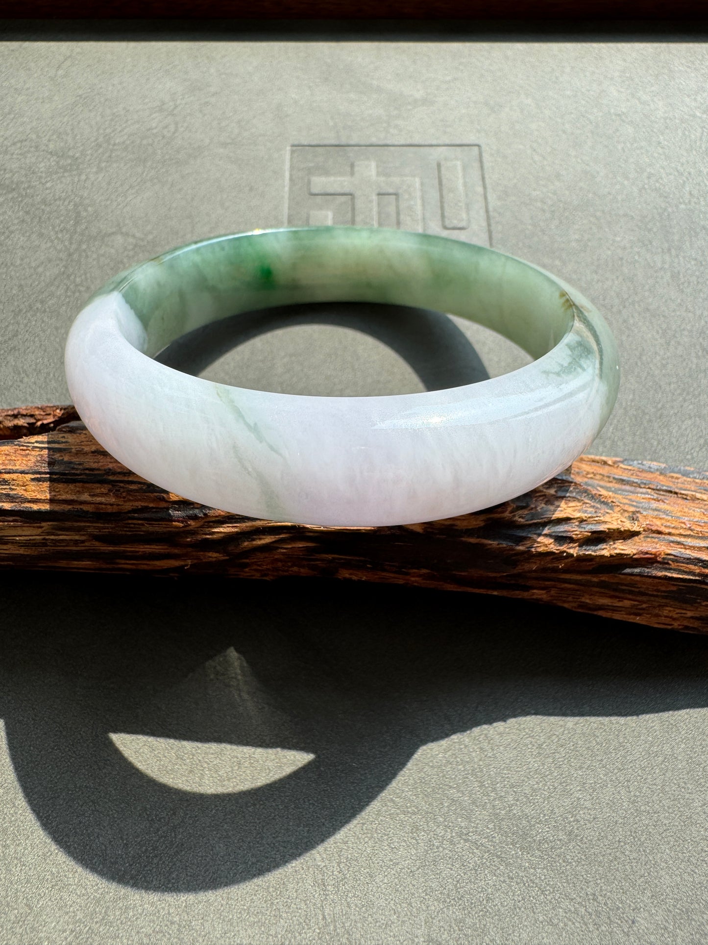 #0397 Icy Sun Green Flower Olive Green Light Lavender White Jade Bangle Size 57.6