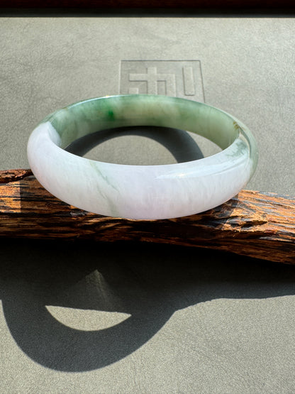 #0397 Icy Sun Green Flower Olive Green Light Lavender White Jade Bangle Size 57.6