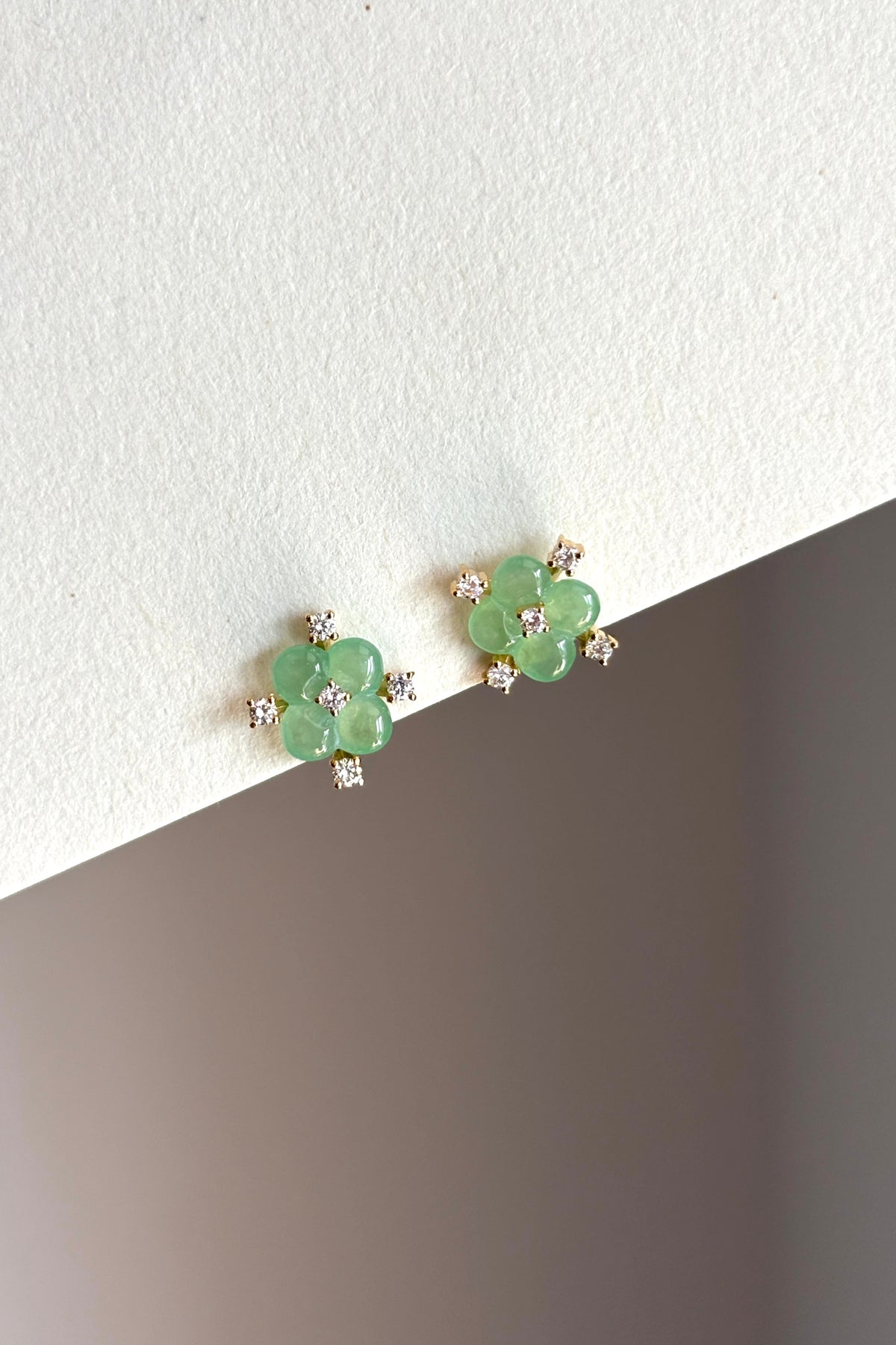 #E0306 "Blossom" Icy Green Jadeite Jade Diamonds 18K Yellow Gold Earrings