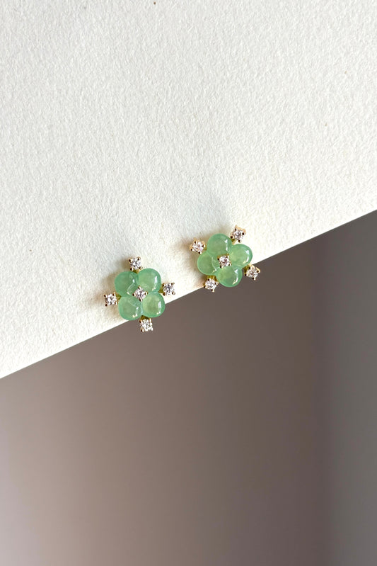 #E0306 "Blossom" Icy Green Jadeite Jade Diamonds 18K Yellow Gold Earrings