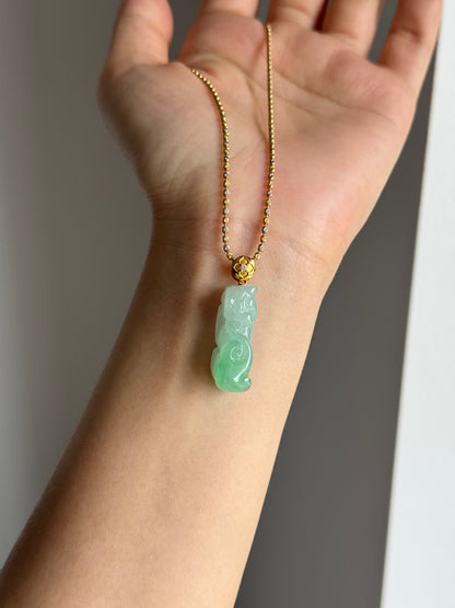 #P0550 "Pixiu" Icy Vivid Sun Green Jadeite Jade 18K Yellow Gold Pendant