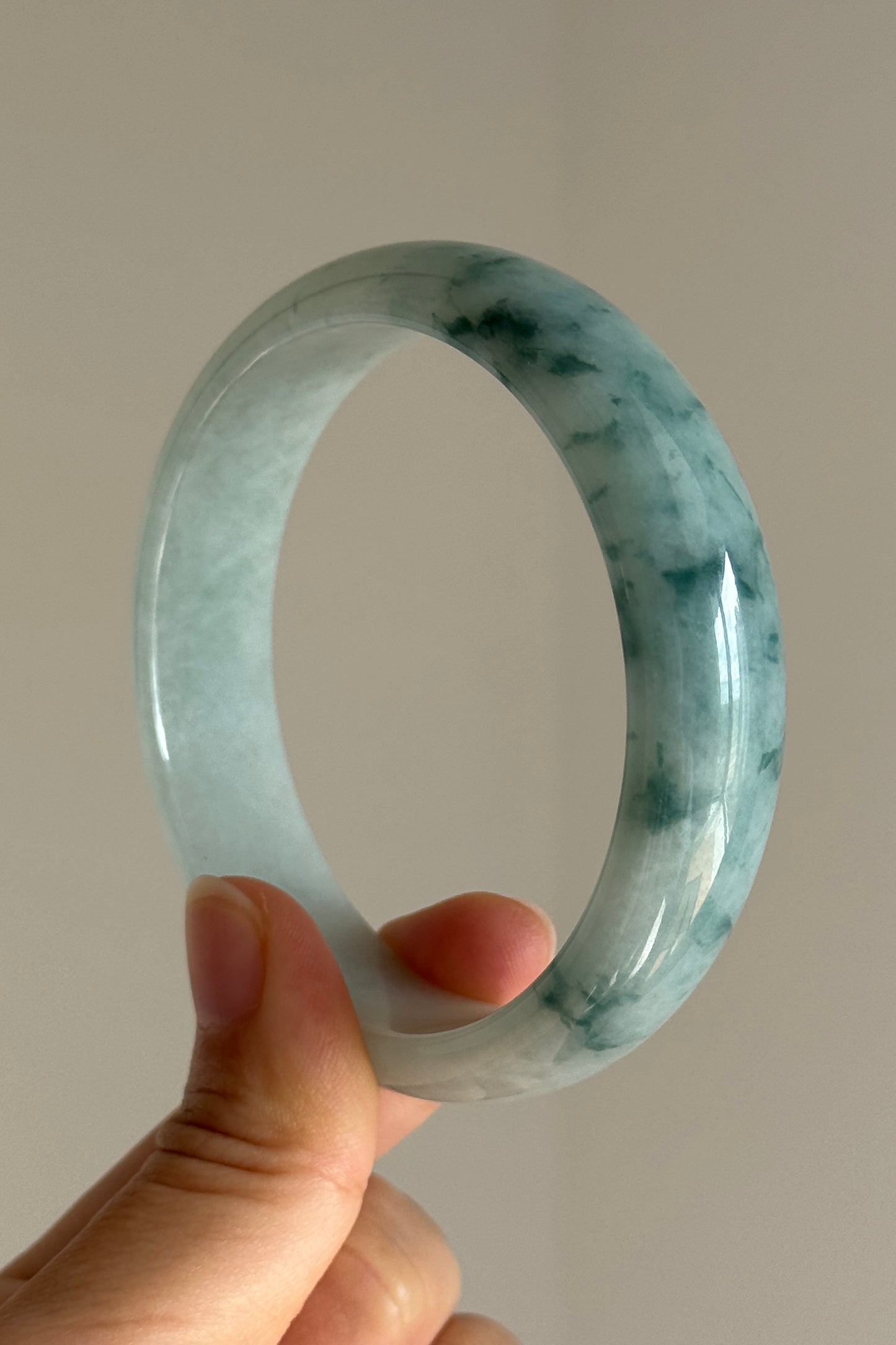 #0399 Icy Bluish Green Flower Jade Bangle Size 60.6