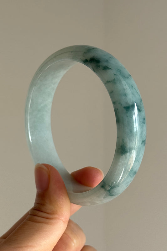 #0399 Icy Blue Green Flower Wide Jade Bangle Size 60.6