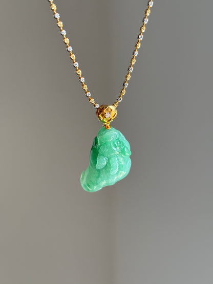#P0526 "Pixiu" Icy Sun Green Jadeite Jade 18K Yellow Gold Pendant