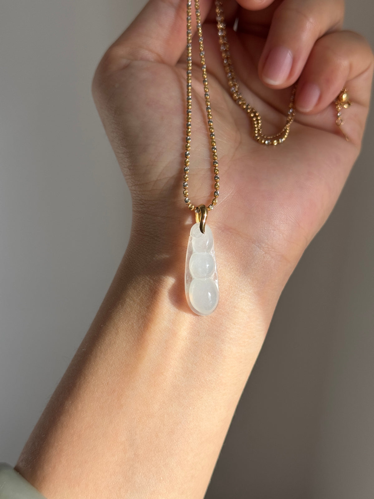 #P0567"Fortune Bean" Highly Icy White Jadeite Jade 18K Yellow Gold Pendant