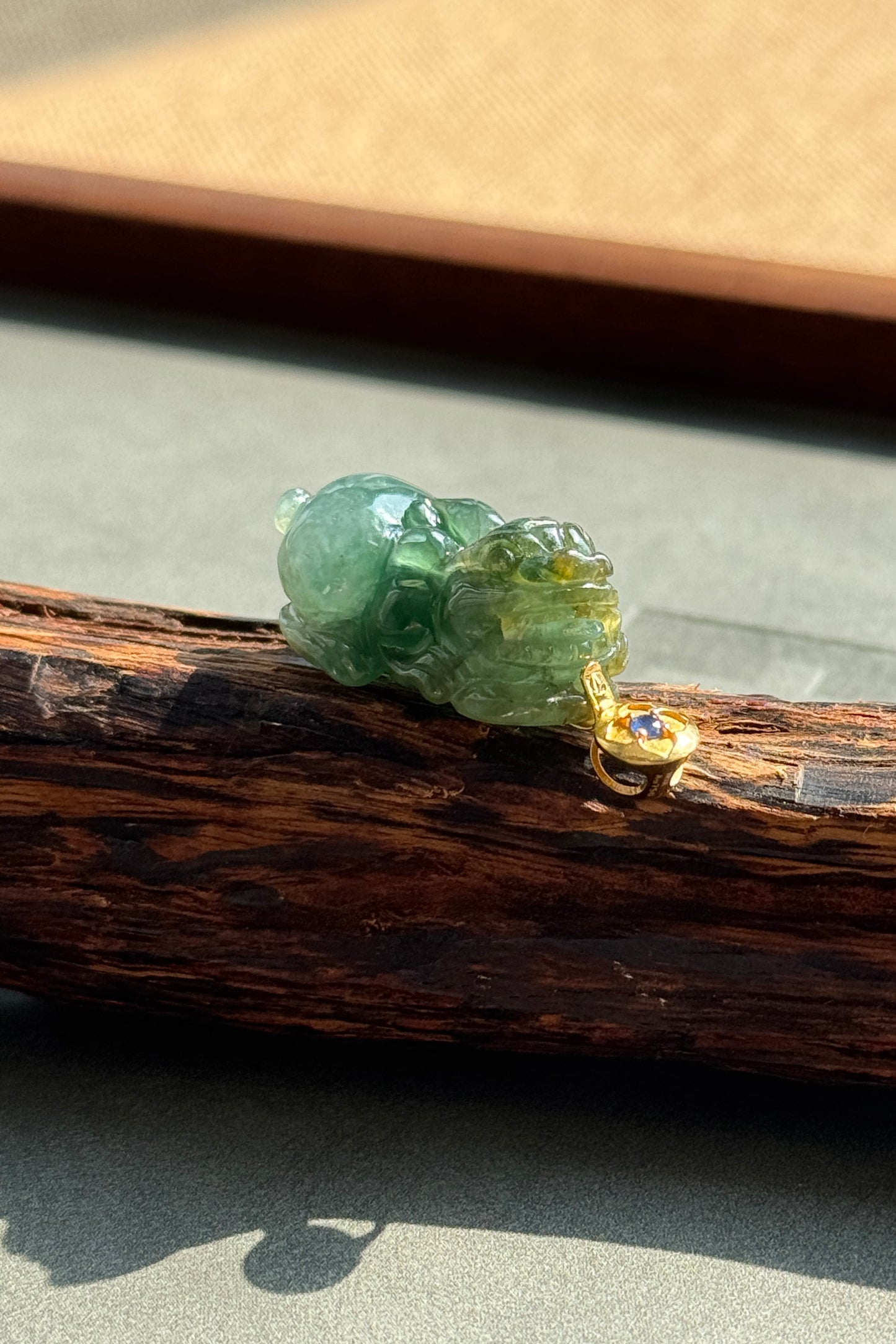 #P0523 "Pixiu" Icy Rich Blue Water Green Yellow Jadeite Jade 18K Yellow Gold Pendant