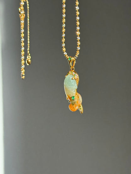 #P0562 "Goldfish" Icy Orange Red Jadeite Green Jade 18K Yellow Gold Pendant