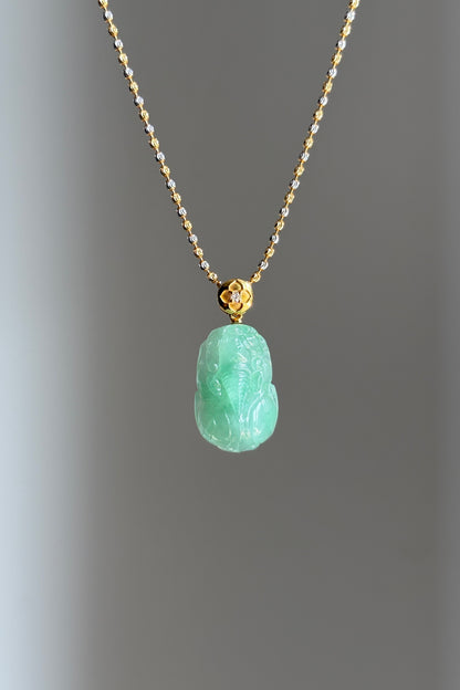 #P0546 "Pixiu" Icy Vivid Green Jadeite Jade 18K Yellow Gold Pendant