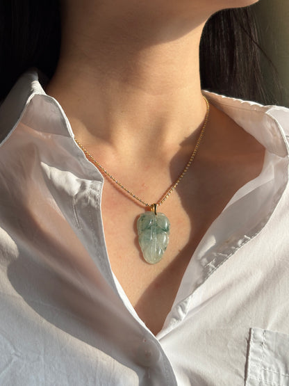 #P0545 "Leaf" Icy Green Flower Jadeite Jade 18K Yellow Gold Pendant