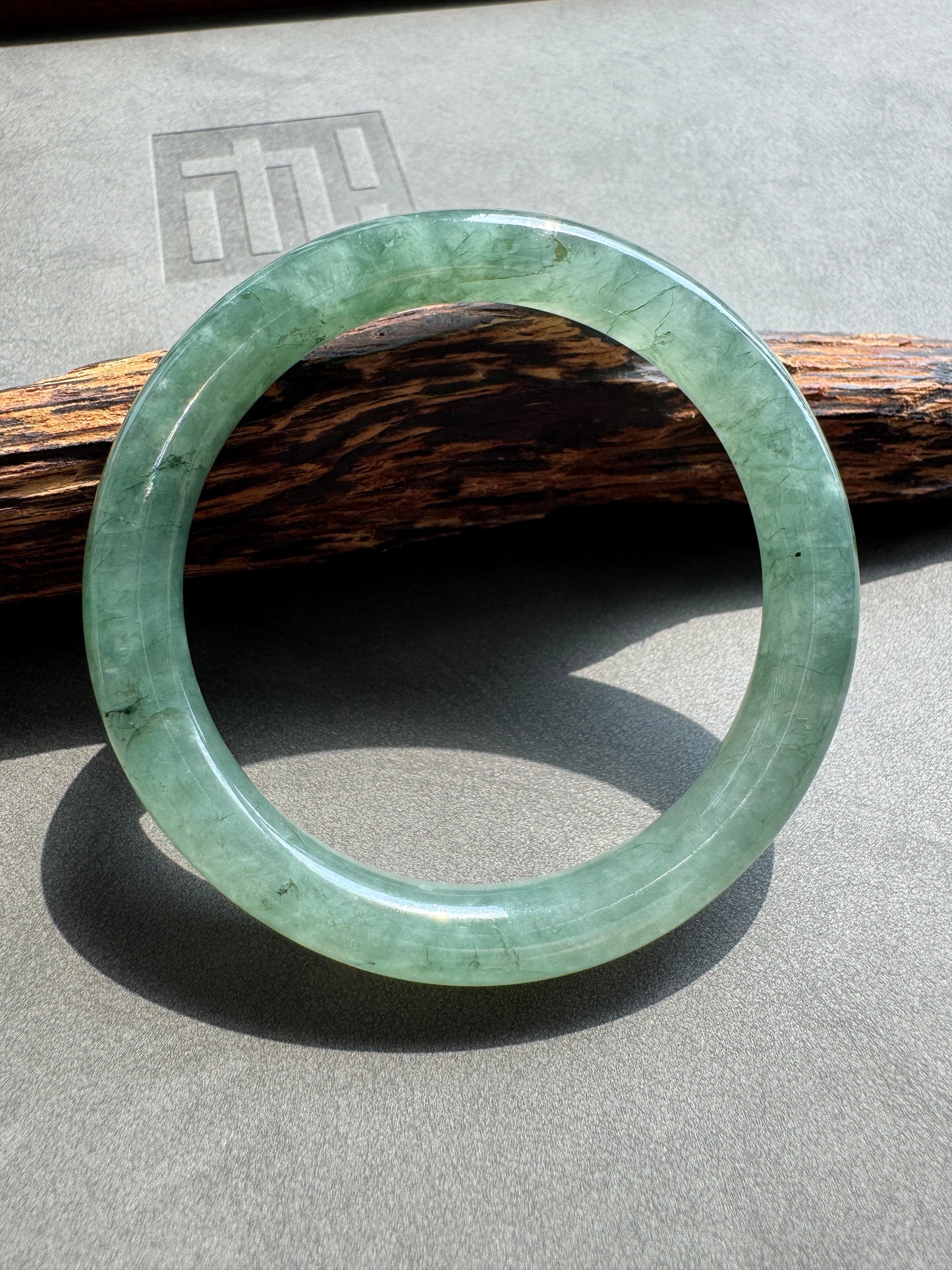 #0395 Highly Icy Olive Green Jade Bangle Size 52.6 (fits up to 54.6)