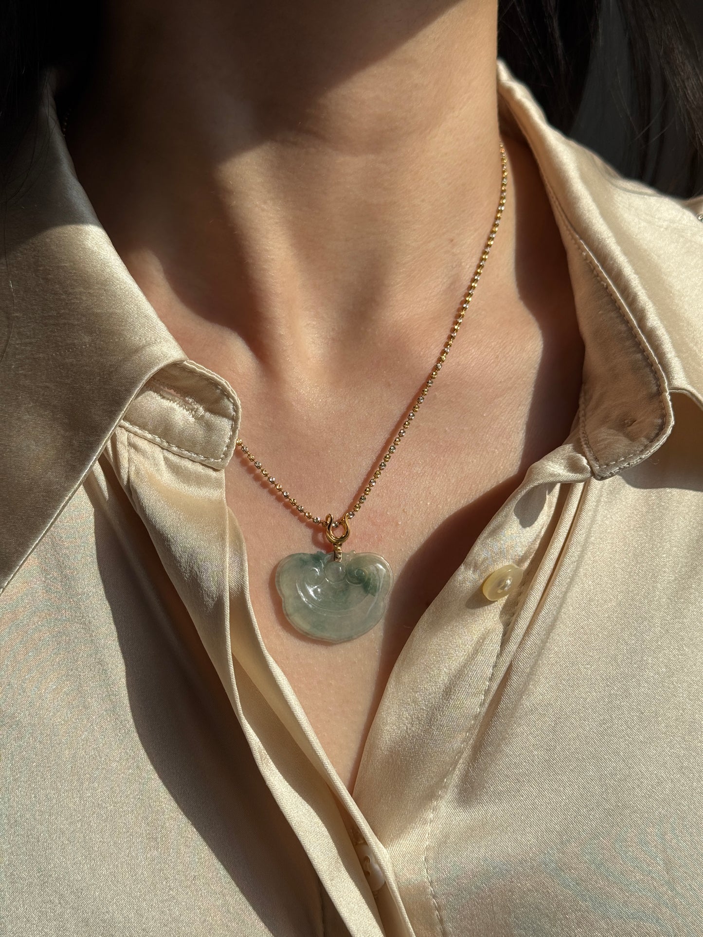 #P0517 "Ruyi / As Your Wish" Icy Green Flower Jadeite Jade 18K Yellow Gold Pendant