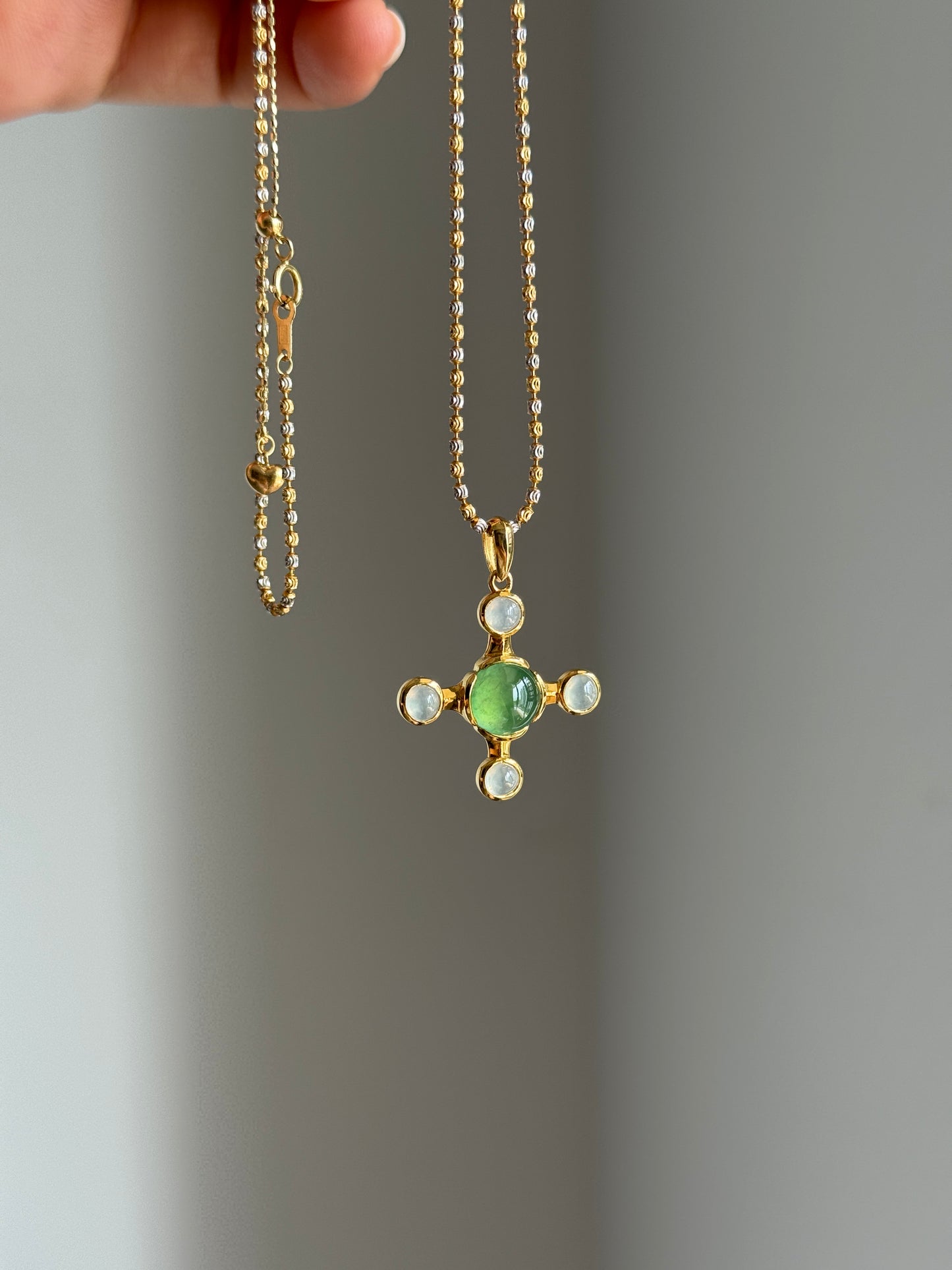#P0551 "Blossom Cross" Highly Icy Sun Green & White Cabochon Jadeite Jade 18K Yellow Gold Pendant