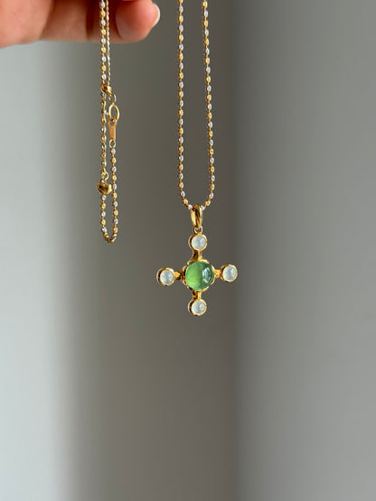 #P0551 "Blossom Cross" Highly Icy Sun Green & White Cabochon Jadeite Jade 18K Yellow Gold Pendant