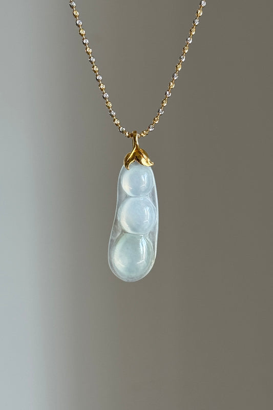 #P0489 "Fortune Bean" Highly Icy White with Light Green Tone Jadeite Jade 18K Yellow Gold Pendant