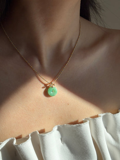 #P0570 "Blossom Bi" Icy Sun Green Jadeite Jade Donut 18K Yellow Gold Pendant