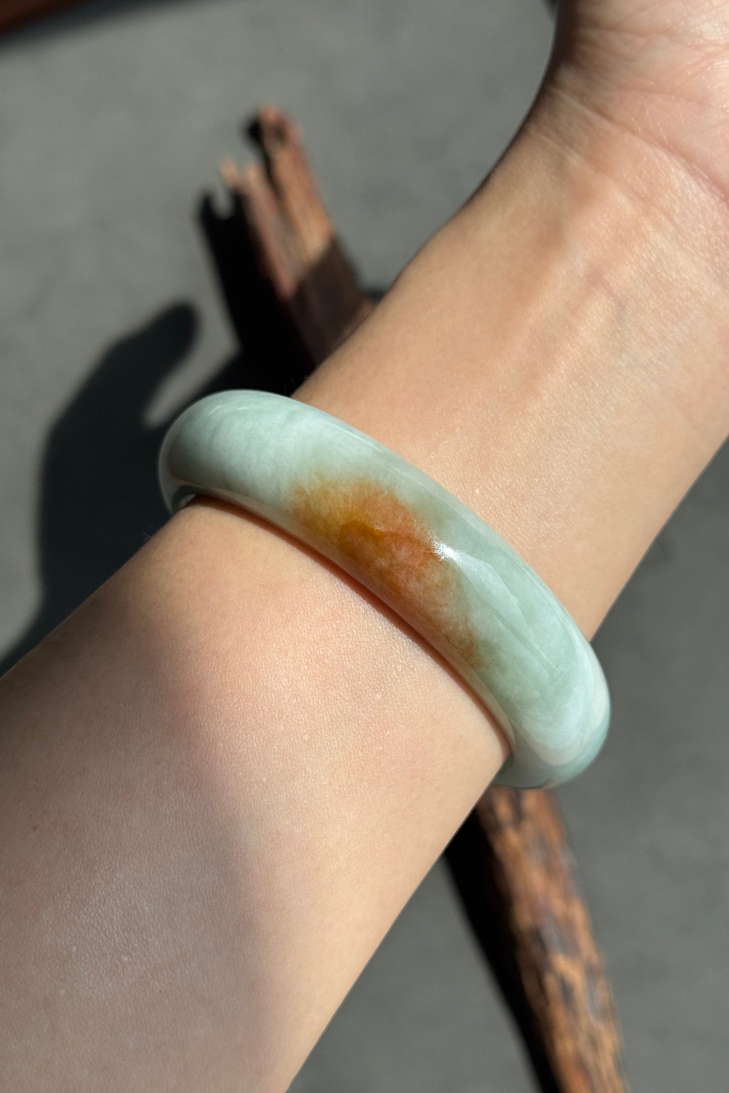#0382 Icy Lotus Green Orange Yellow Wide Jade Bangle Size 57.8