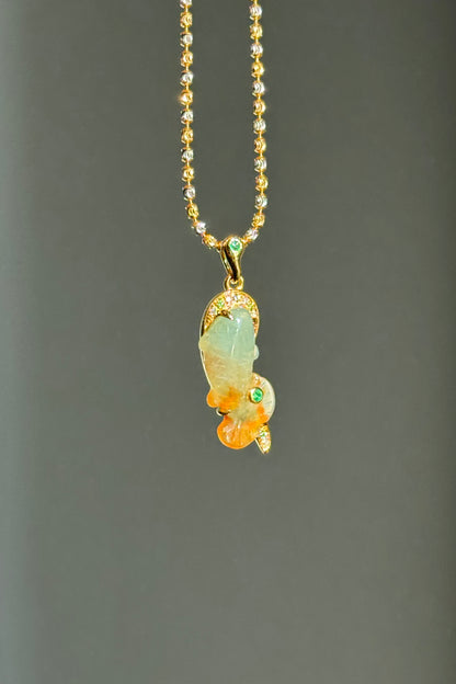 #P0562 "Goldfish" Icy Orange Red Jadeite Green Jade 18K Yellow Gold Pendant