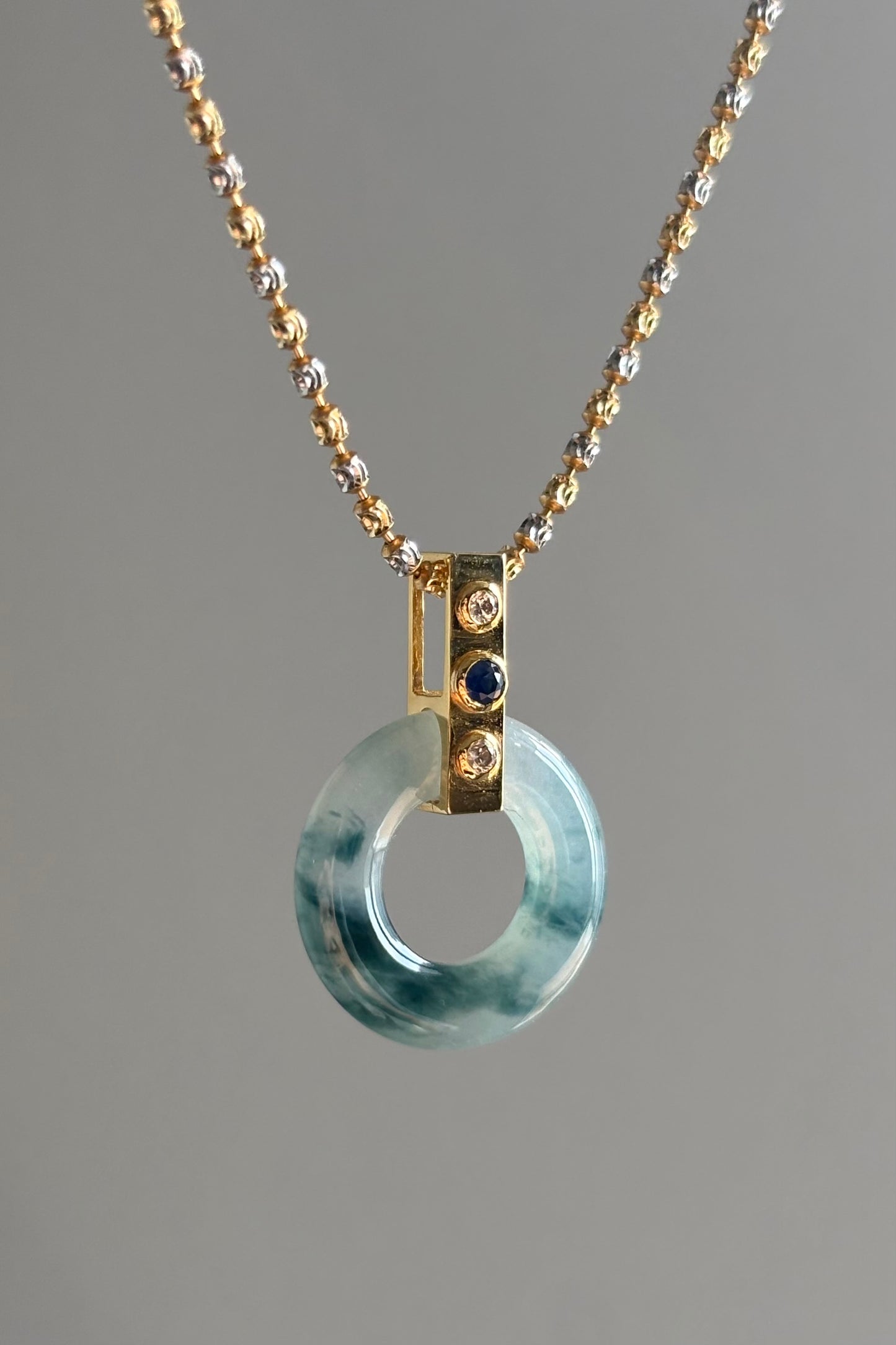 #P0451 "Bi" Icy Blue Jadeite Jade Donut 18K Yellow Gold Sapphire VS Diamonds Pendant