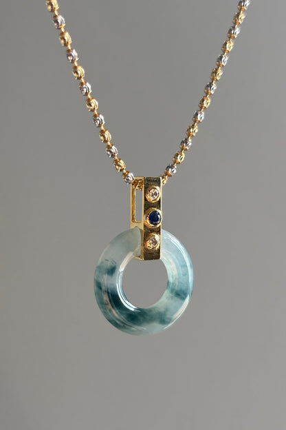 #P0451 "Bi" Icy Blue Jadeite Jade Donut 18K Yellow Gold Sapphire VS Diamonds Pendant