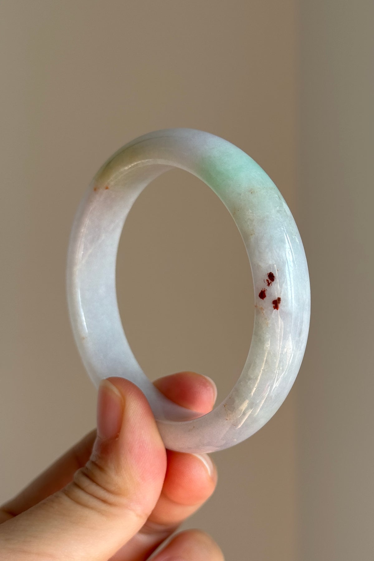 #0424 Light Lavender Sun Green Red Spots Jade Bangle Size 54